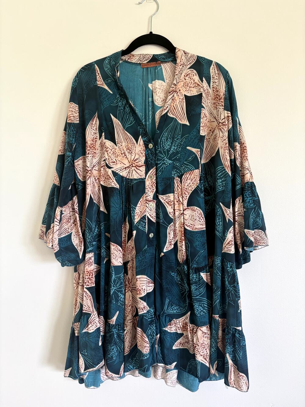 Boutique Made in Italy Floral Viscose Mini Dress One Size Teal Blue